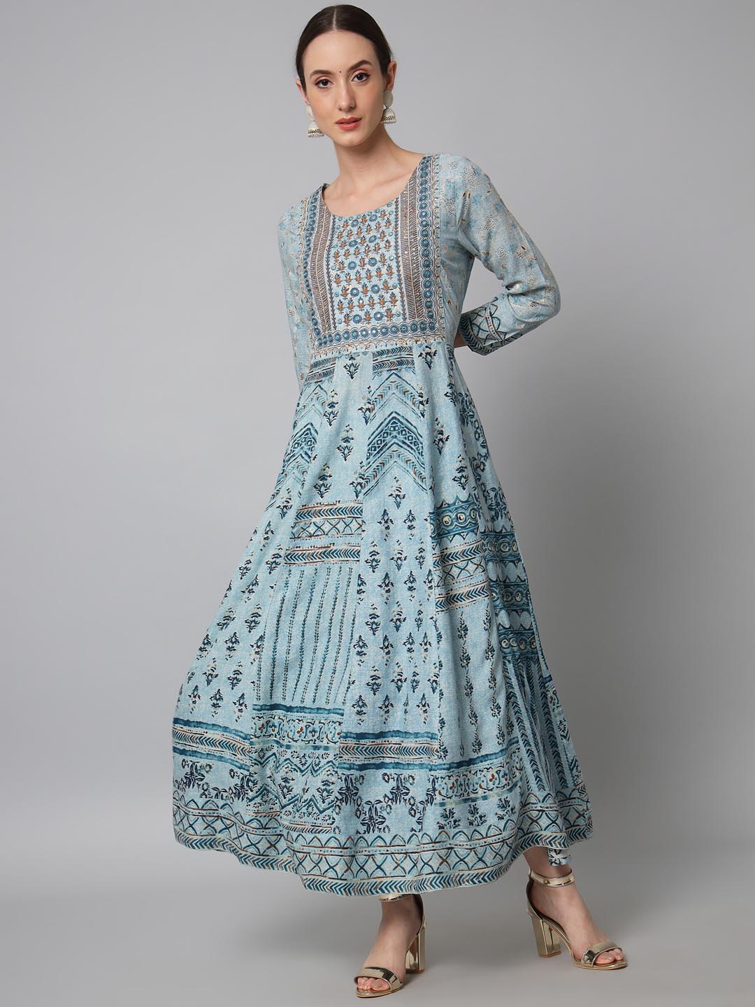Women's Turquoise Rayon Anarkali Dress - Shop authentic Indian Women's Fashion by Nehamta