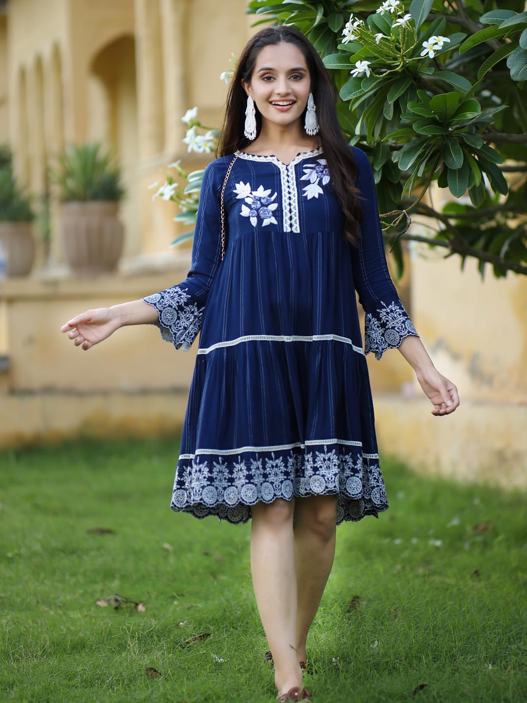 Women Anarkali Royal Blue Woven Design Midi Dress - Shop authentic Indian Women's Fashion by Nehamta