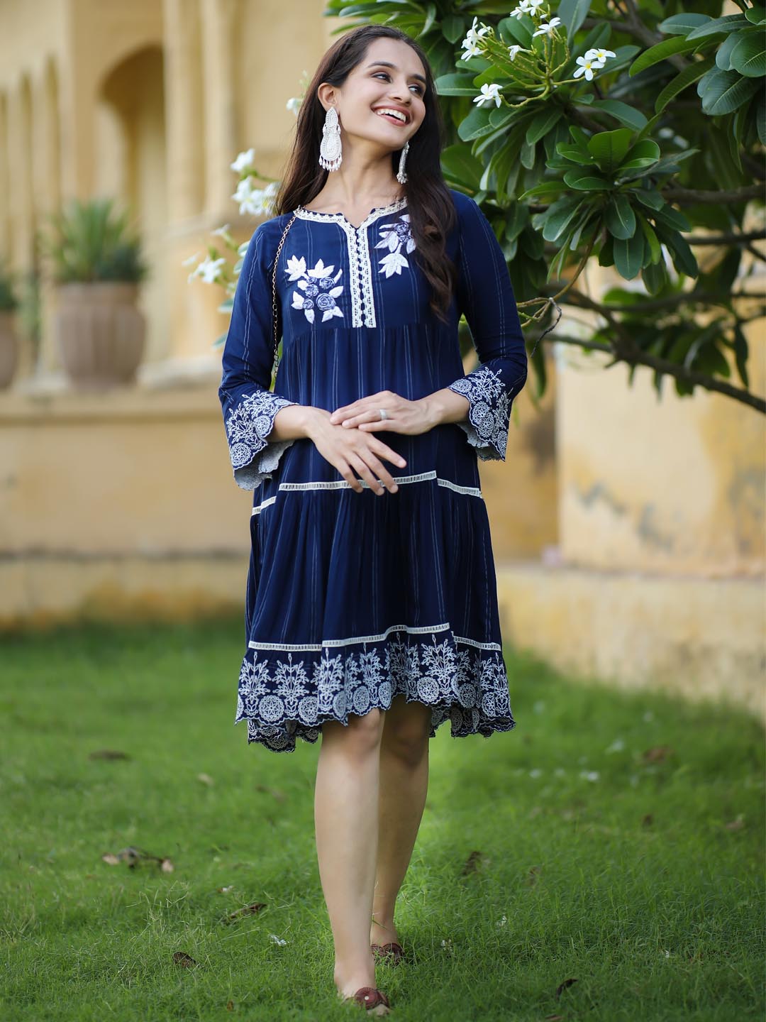 Women Anarkali Royal Blue Woven Design Midi Dress - Shop authentic Indian Women's Fashion by Nehamta
