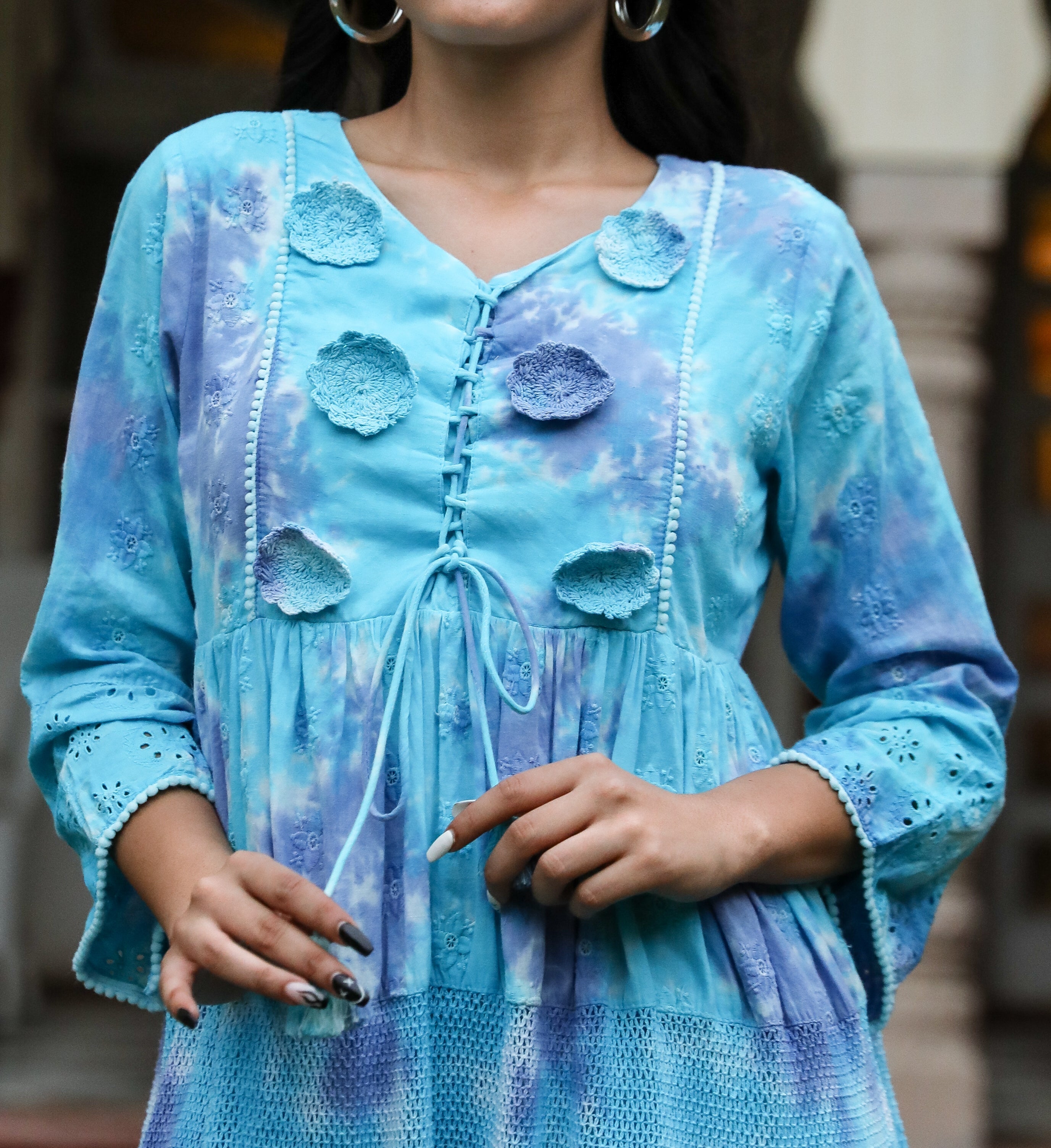 Women Blue Cotton Schiffli Tiered Tunic - Shop authentic Indian Women's Fashion by Nehamta