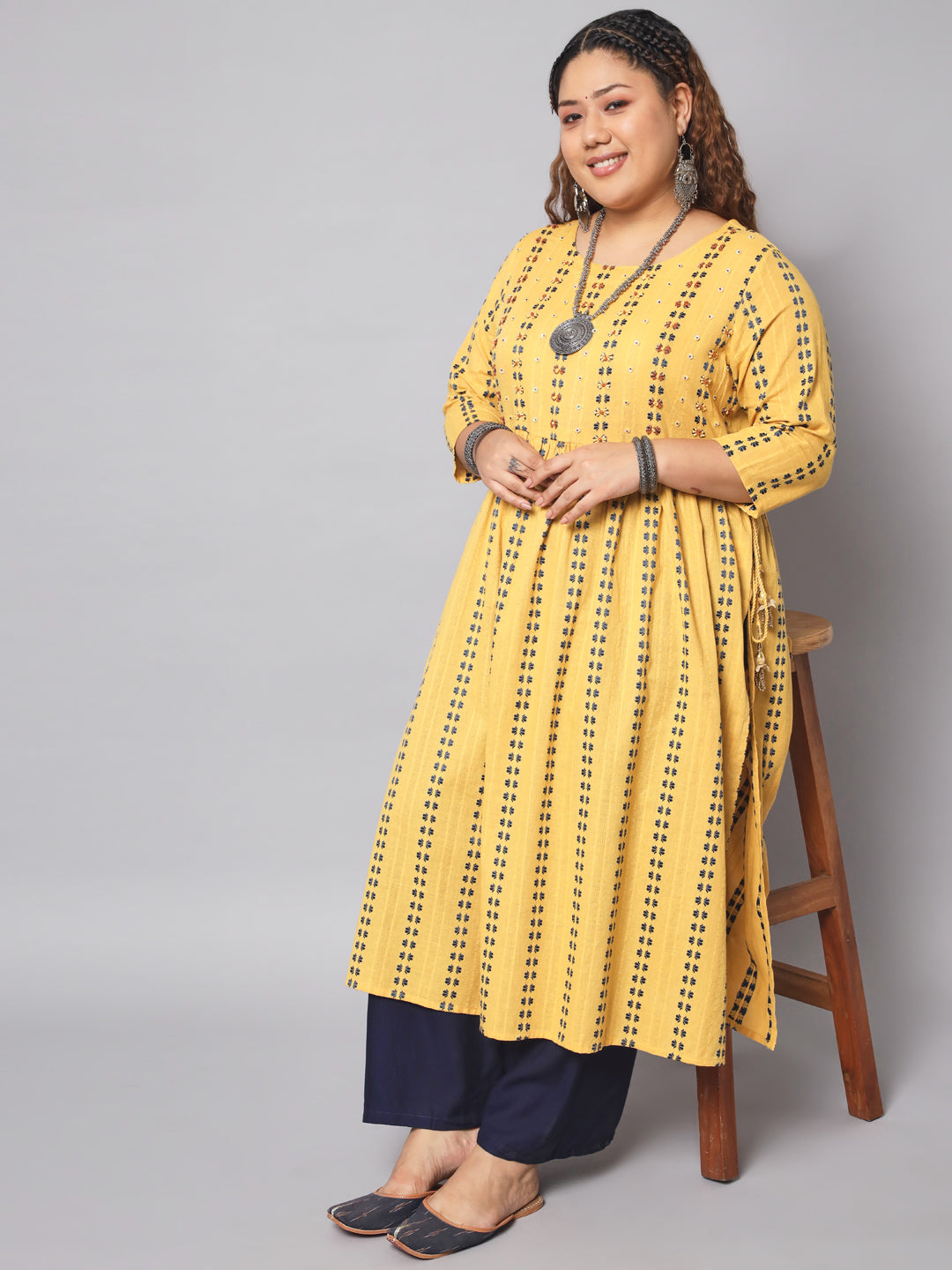 Women Woven Design Cotton Blend A-line Kurta (Yellow) - Shop authentic Indian Women's Fashion by Nehamta