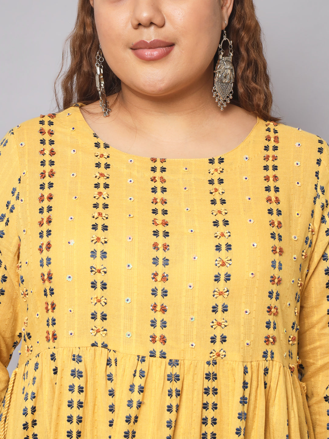 Women Woven Design Cotton Blend A-line Kurta (Yellow) - Shop authentic Indian Women's Fashion by Nehamta