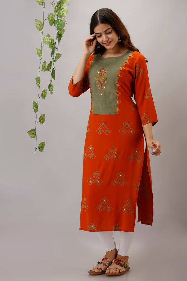 Orange Color Rayon Slub Straight Womens Kurta - Shop authentic Indian Women's Fashion by Nehamta