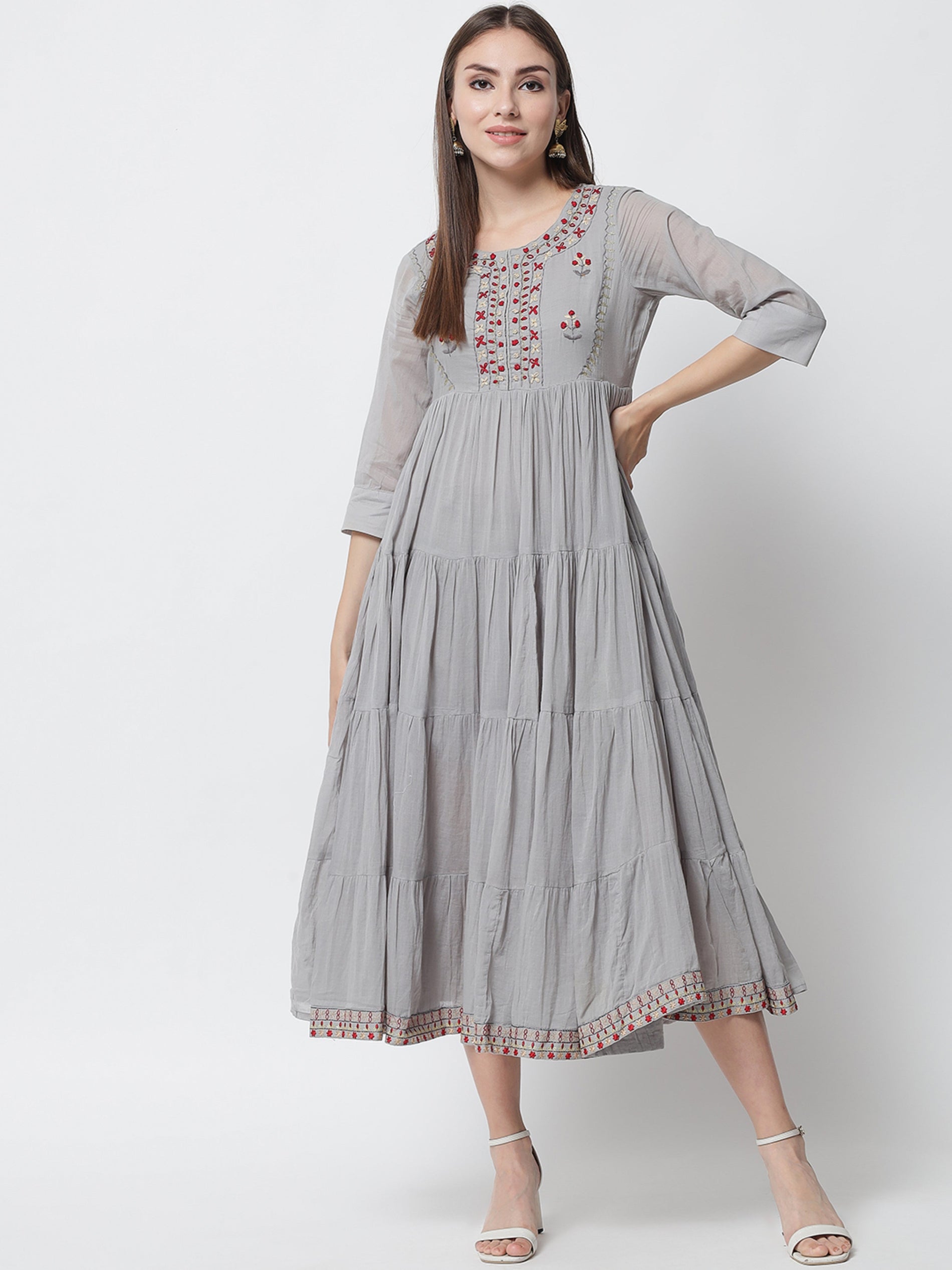 Womens Grey Mulmul Flared Kurta Dress Kurta - Shop authentic Indian Women's Fashion by Nehamta