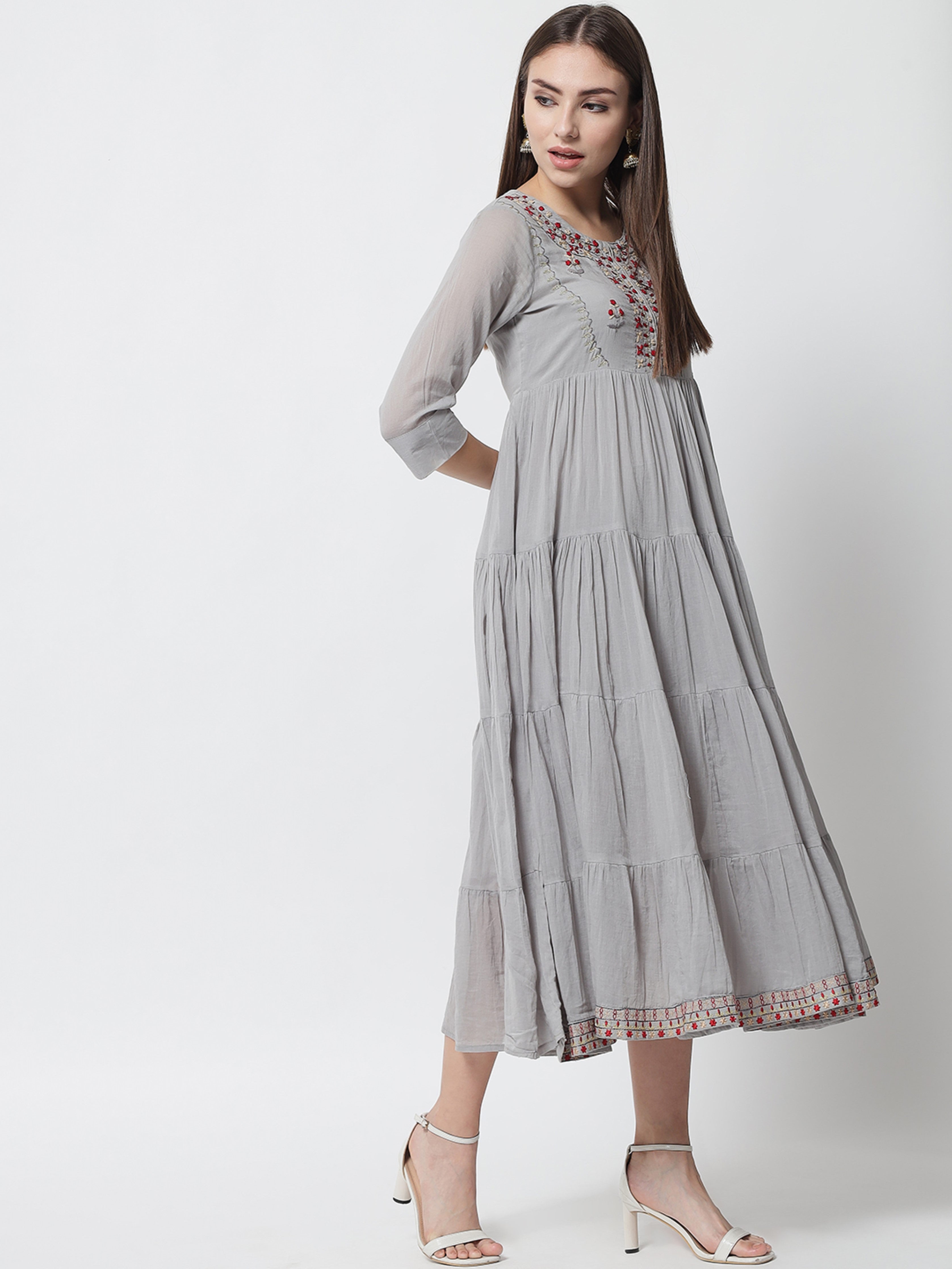 Womens Grey Mulmul Flared Kurta Dress Kurta - Shop authentic Indian Women's Fashion by Nehamta