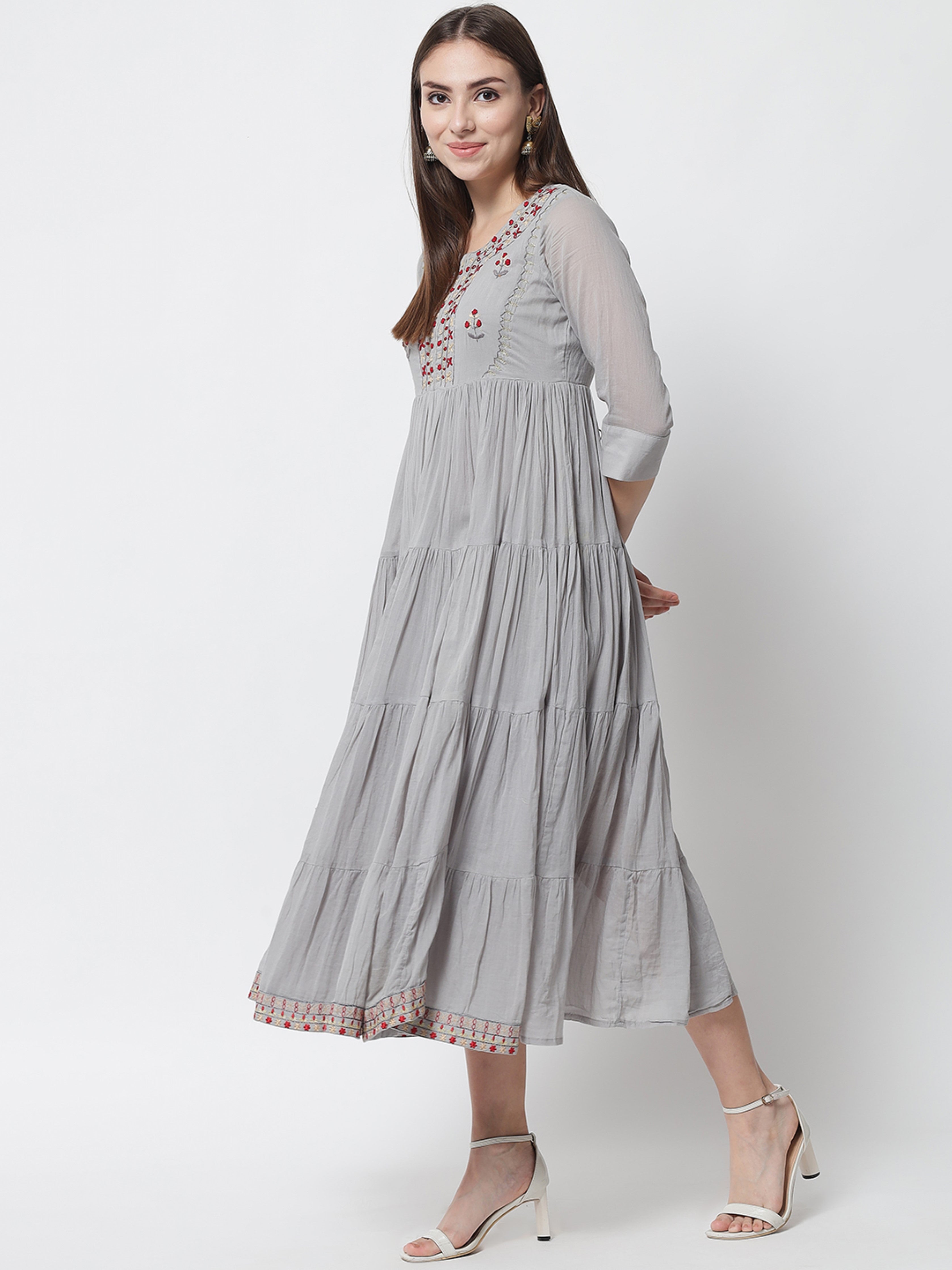 Womens Grey Mulmul Flared Kurta Dress Kurta - Shop authentic Indian Women's Fashion by Nehamta