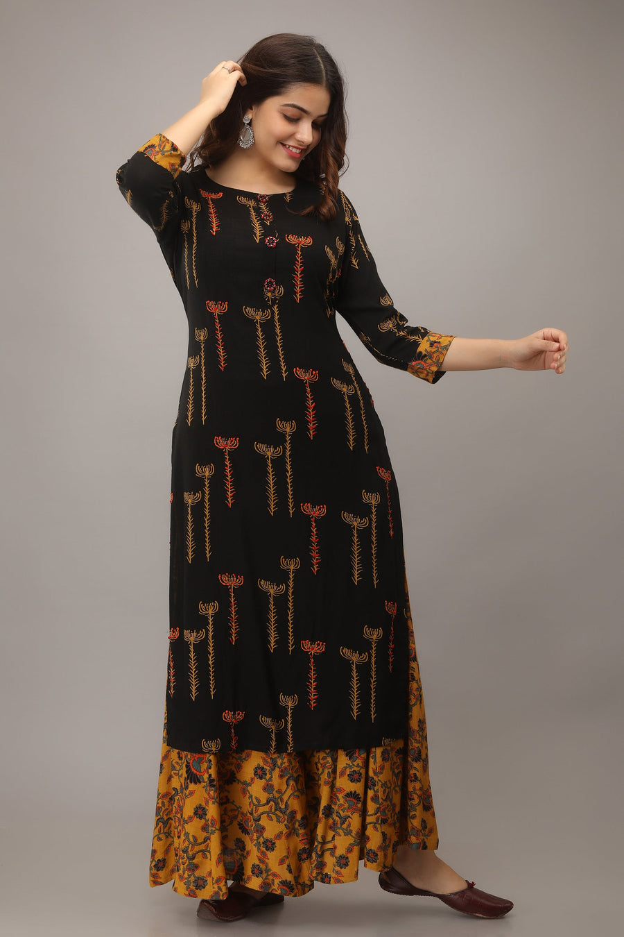 Black Color Rayon Slub Straight Women's Kurta with Palazzo - Shop authentic Indian Women's Fashion by Nehamta