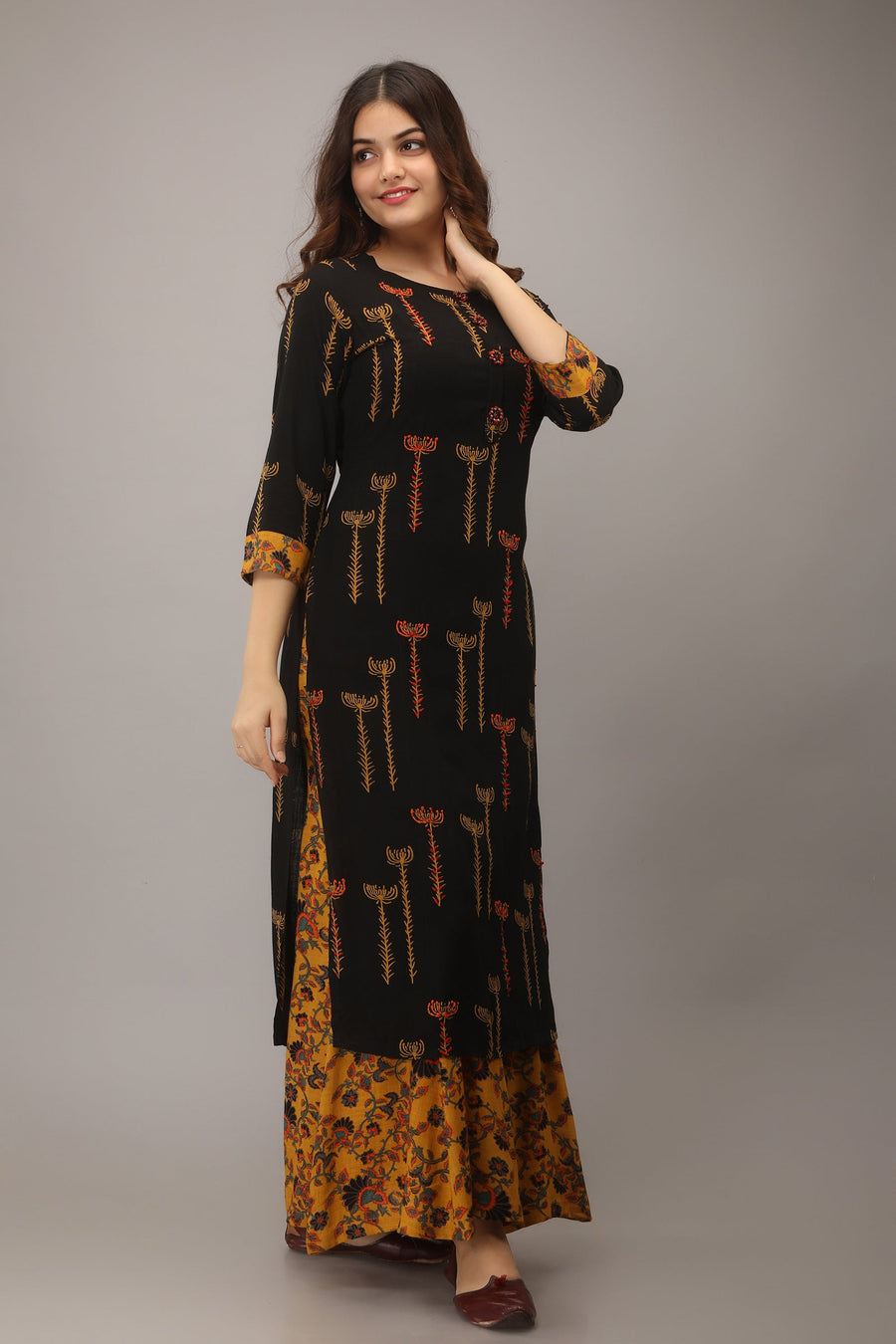 Black Color Rayon Slub Straight Women's Kurta with Palazzo - Shop authentic Indian Women's Fashion by Nehamta