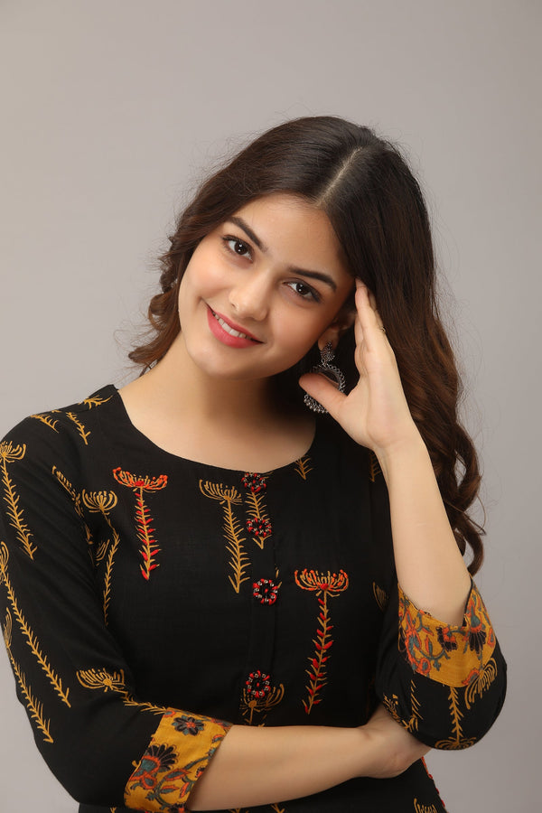 Black Color Rayon Slub Straight Women's Kurta with Palazzo - Shop authentic Indian Women's Fashion by Nehamta