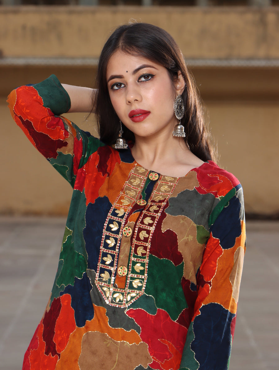 Multicolor Rayon Straight Women's Kurta with Divider Palazzo Set - Shop authentic Indian Women's Fashion by Nehamta