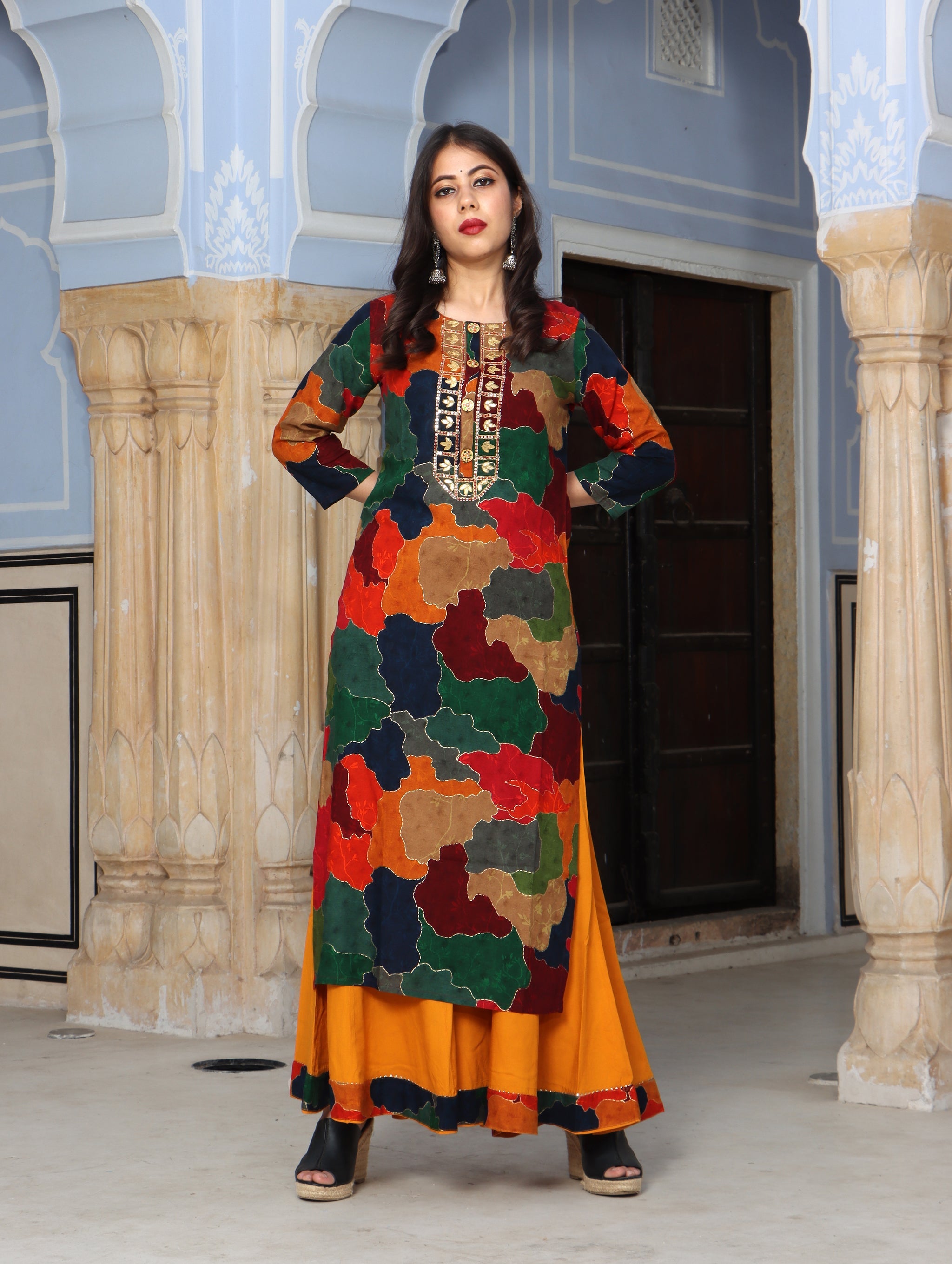 Multicolor Rayon Straight Women's Kurta with Divider Palazzo Set - Shop authentic Indian Women's Fashion by Nehamta