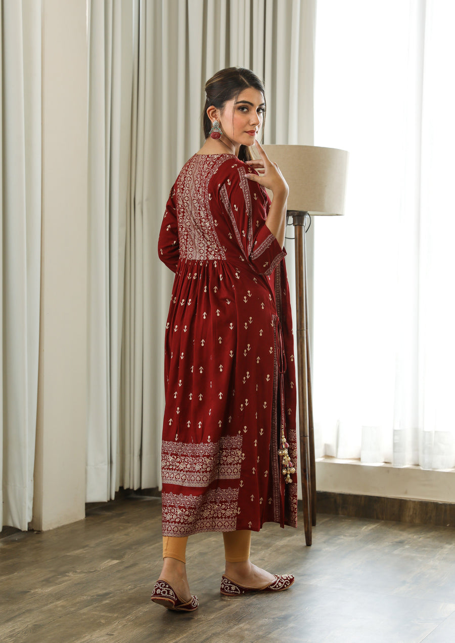 Women Maroon Rayon Slub Nyara Cut A-Line Kurta - Shop authentic Indian Women's Fashion by Nehamta