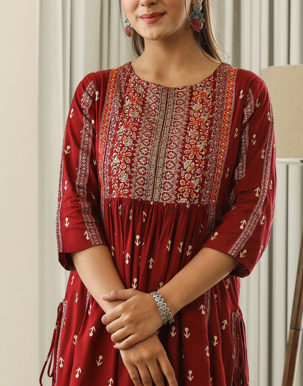 Women Maroon Rayon Slub Nyara Cut A-Line Kurta - Shop authentic Indian Women's Fashion by Nehamta
