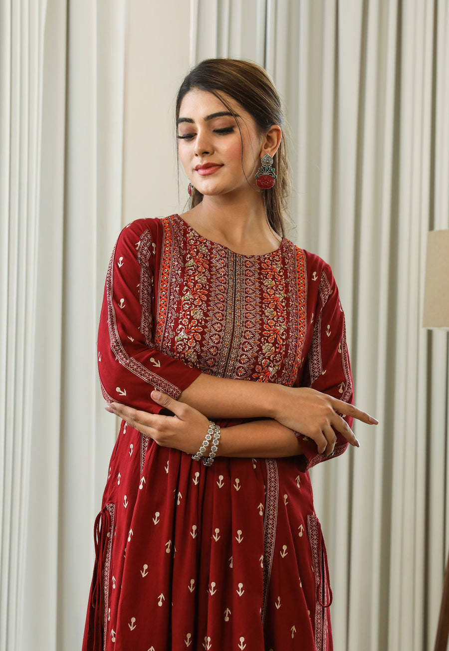Women Maroon Rayon Slub Nyara Cut A-Line Kurta - Shop authentic Indian Women's Fashion by Nehamta