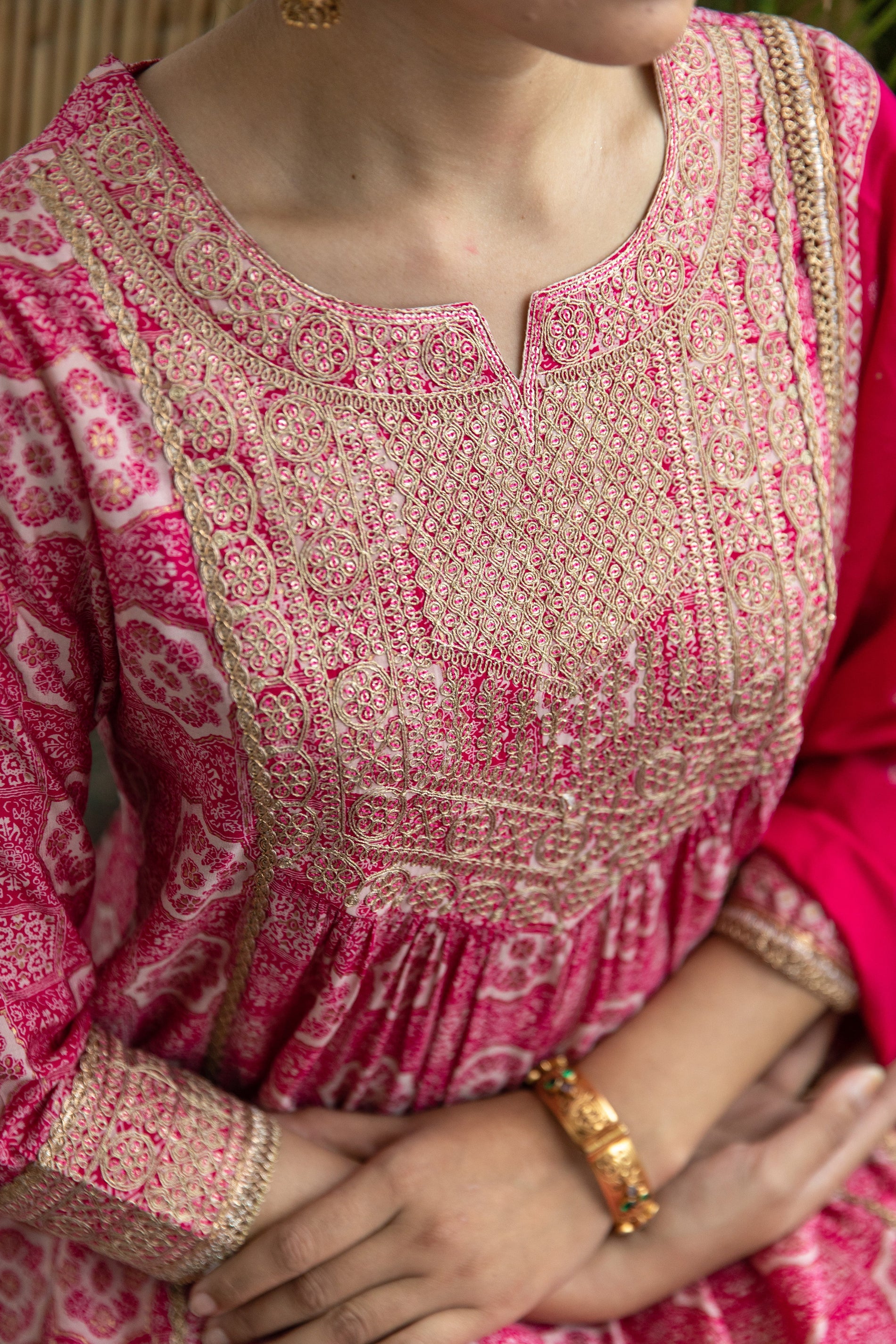 Women Pink Muslin Nyara Cut A-Line Kurta Trouser Dupatta & Fancy Potli - Shop authentic Indian Women's Fashion by Nehamta