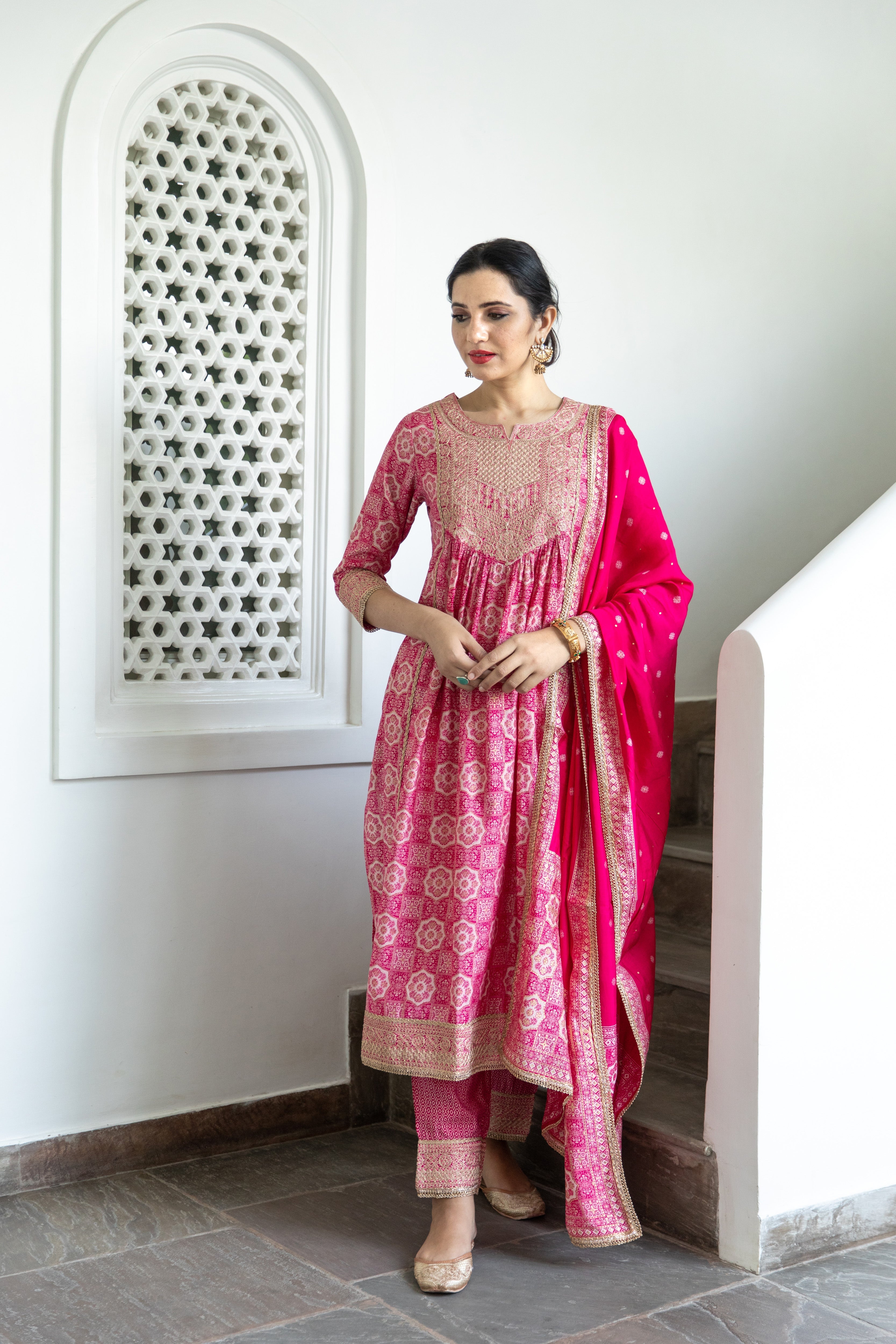 Women Pink Muslin Nyara Cut A-Line Kurta Trouser Dupatta & Fancy Potli - Shop authentic Indian Women's Fashion by Nehamta