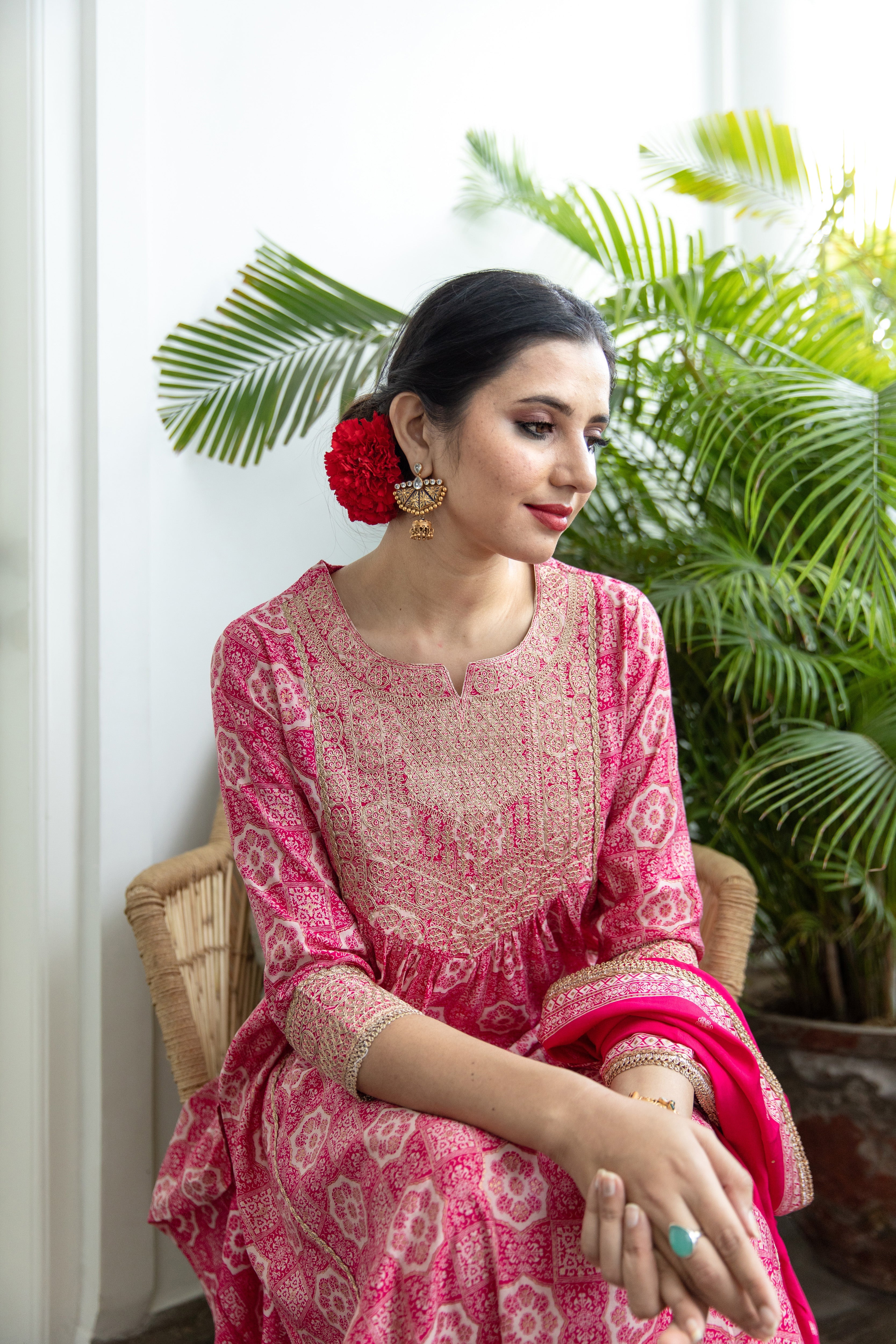Women Pink Muslin Nyara Cut A-Line Kurta Trouser Dupatta & Fancy Potli - Shop authentic Indian Women's Fashion by Nehamta