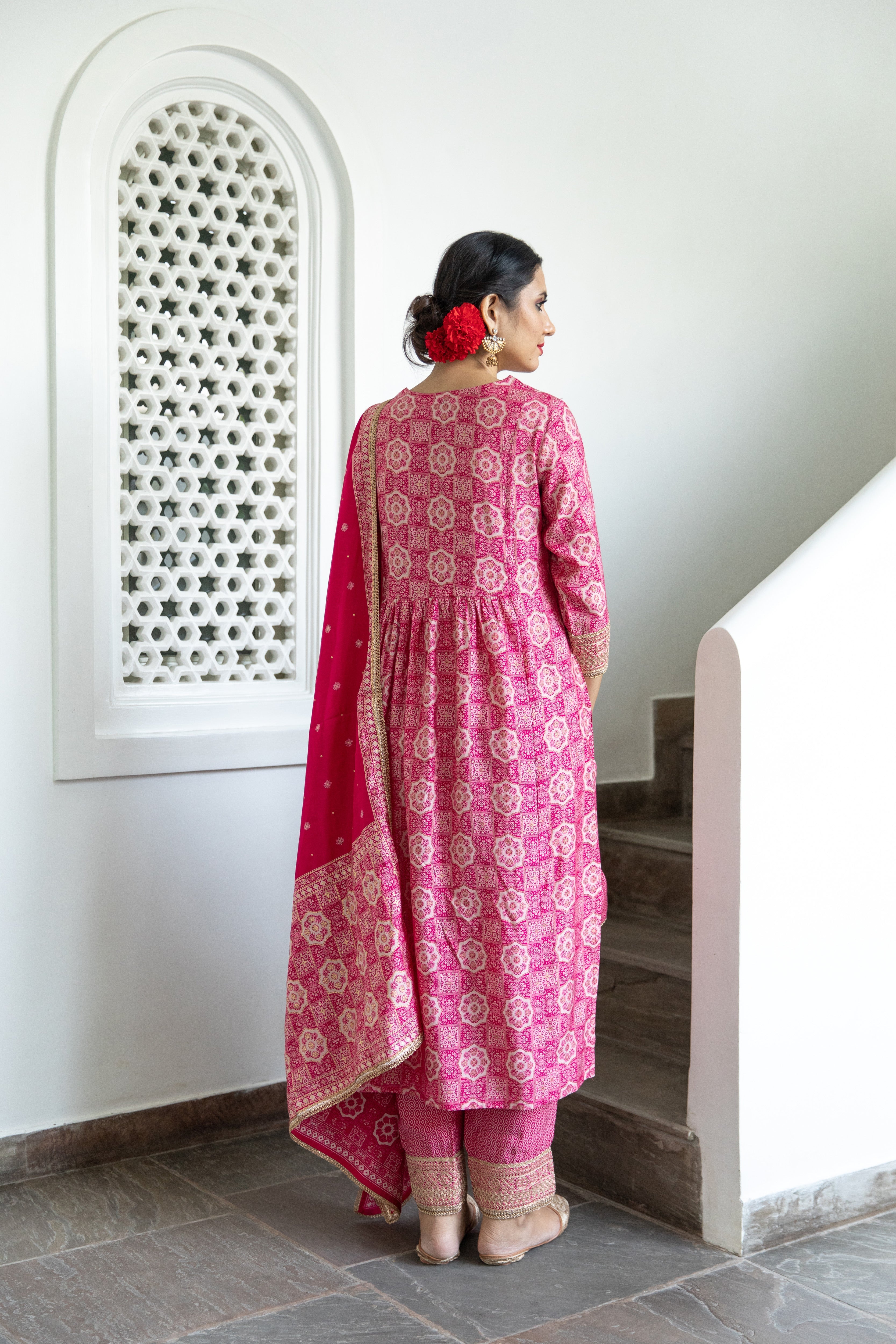 Women Pink Muslin Nyara Cut A-Line Kurta Trouser Dupatta & Fancy Potli - Shop authentic Indian Women's Fashion by Nehamta
