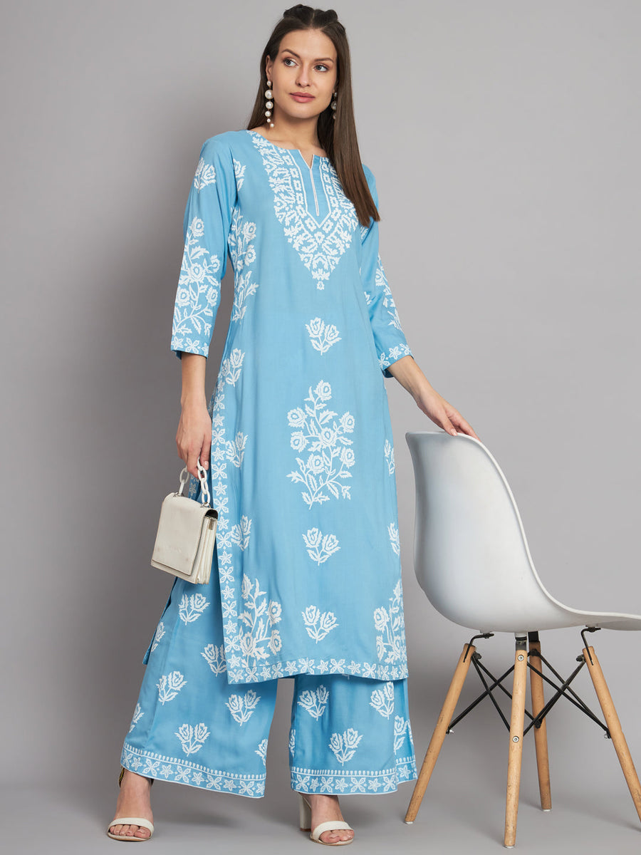 Women's Rayon Sky Blue Straight Kurta and Palazzo - Shop authentic Indian Women's Fashion by Nehamta