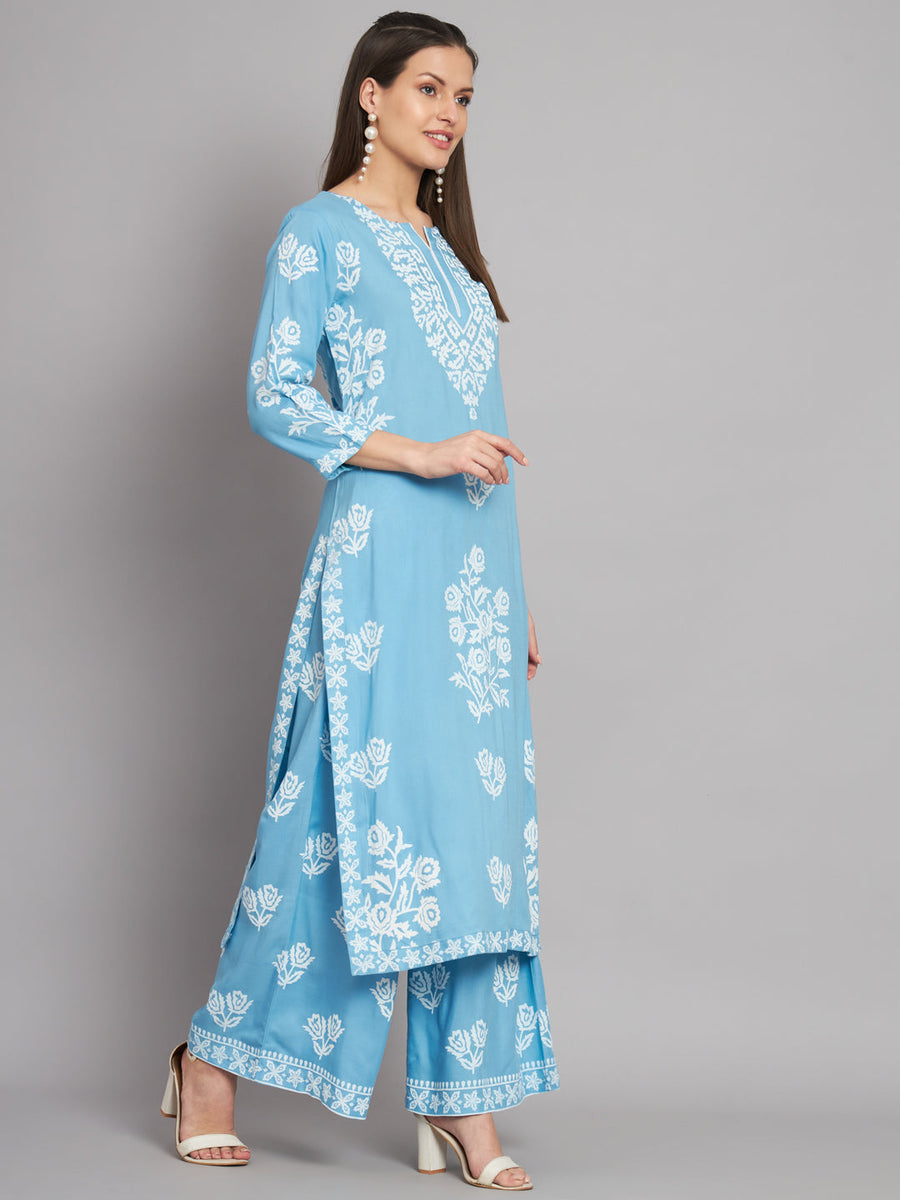 Women's Rayon Sky Blue Straight Kurta and Palazzo - Shop authentic Indian Women's Fashion by Nehamta