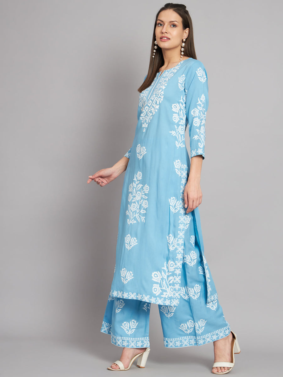 Women's Rayon Sky Blue Straight Kurta and Palazzo - Shop authentic Indian Women's Fashion by Nehamta