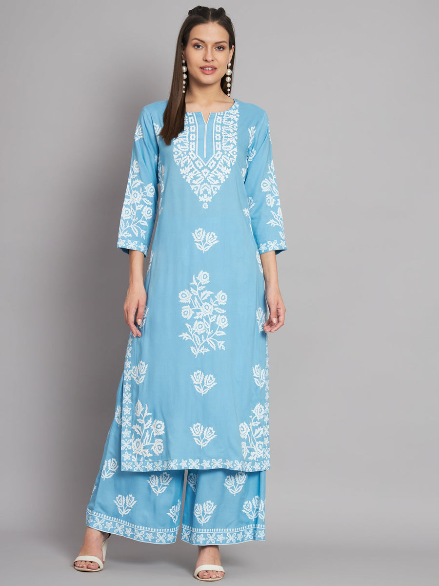 Women's Rayon Sky Blue Straight Kurta and Palazzo - Shop authentic Indian Women's Fashion by Nehamta