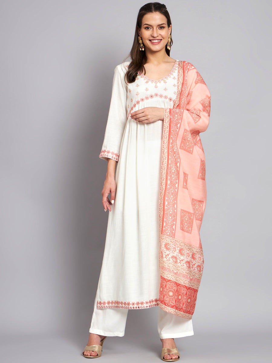 Women's Rayon White Alia Cut A-Line Kurta with Dupatta Set - Shop authentic Indian Women's Fashion by Nehamta