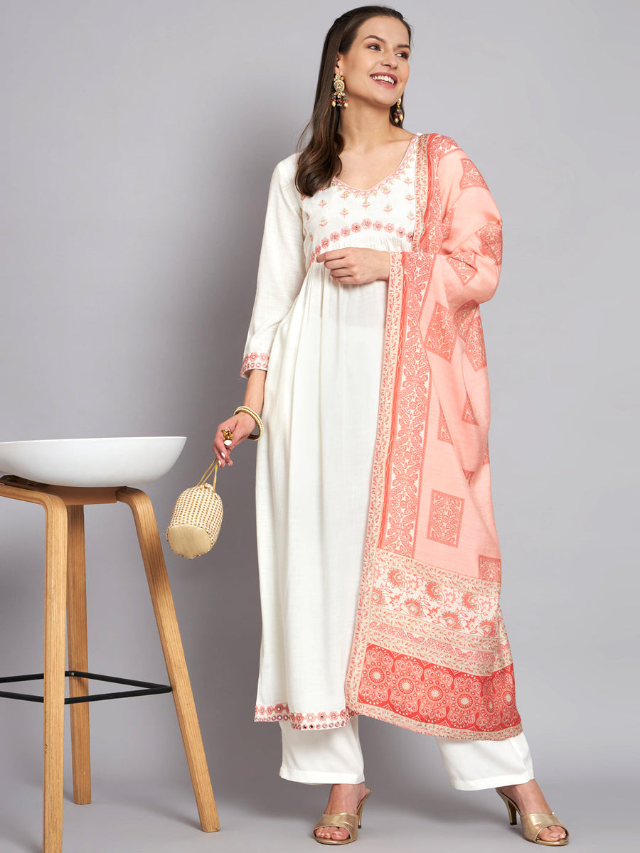 Women's Rayon White Alia Cut A-Line Kurta with Dupatta Set - Shop authentic Indian Women's Fashion by Nehamta