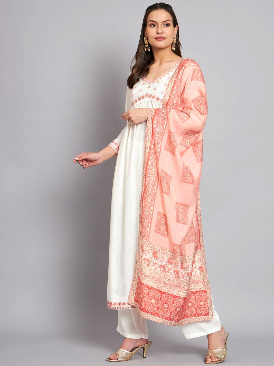 Women's Rayon White Alia Cut A-Line Kurta with Dupatta Set - Shop authentic Indian Women's Fashion by Nehamta