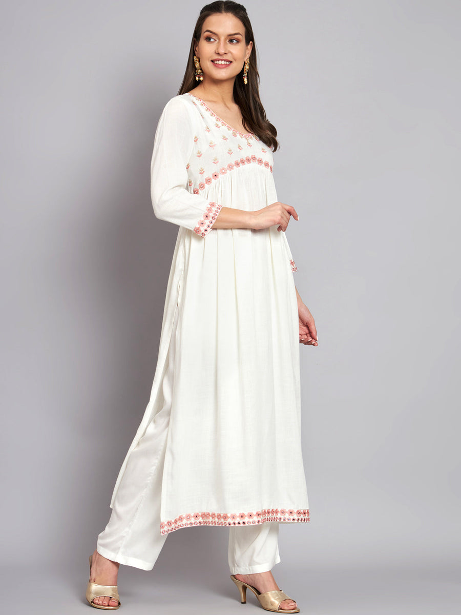 Women's Rayon White Alia Cut A-Line Kurta with Dupatta Set - Shop authentic Indian Women's Fashion by Nehamta
