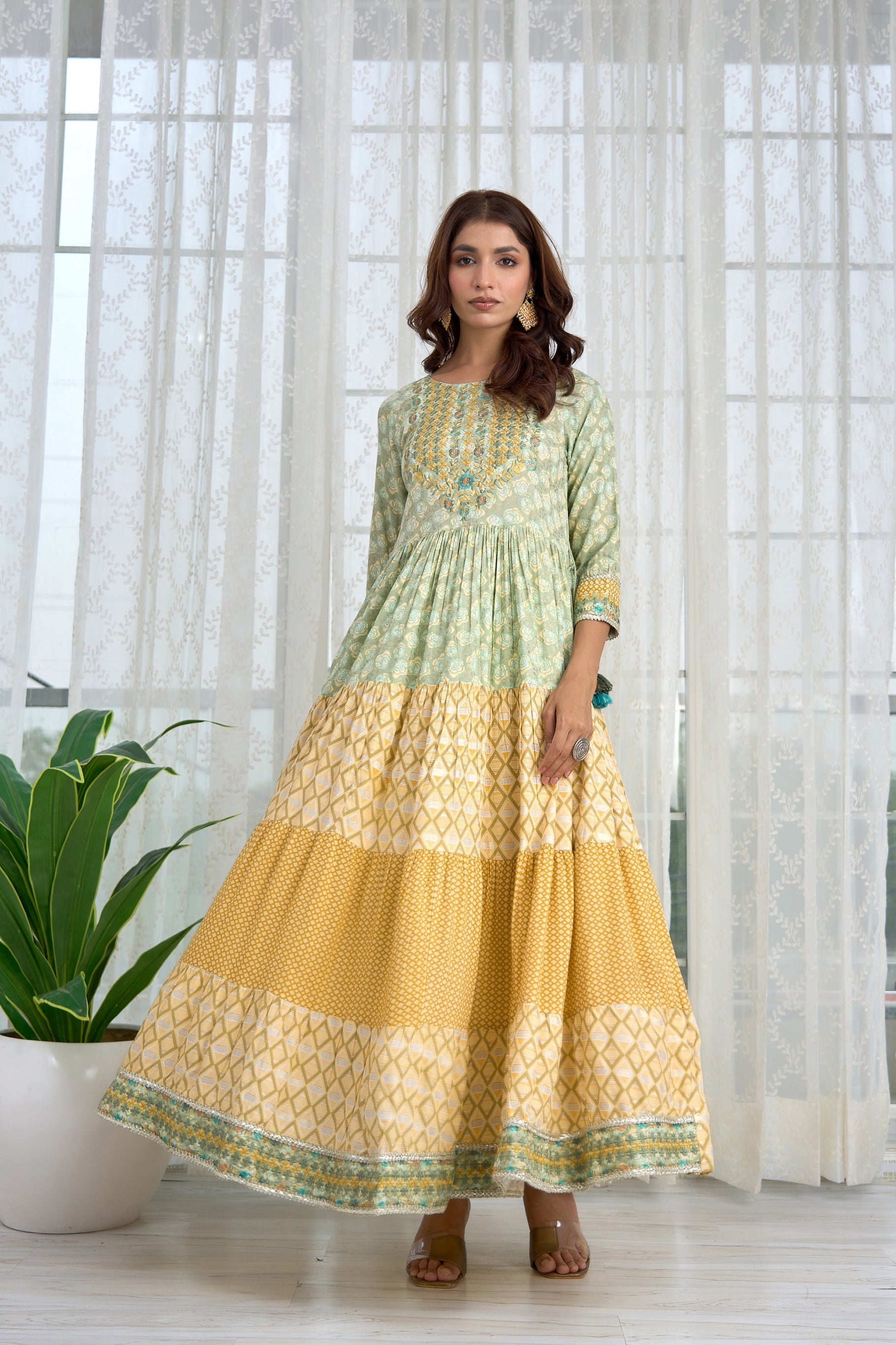 Womens Rayon Green and Yellow Tiered Anarkali Gown - Shop authentic Indian Women's Fashion by Nehamta