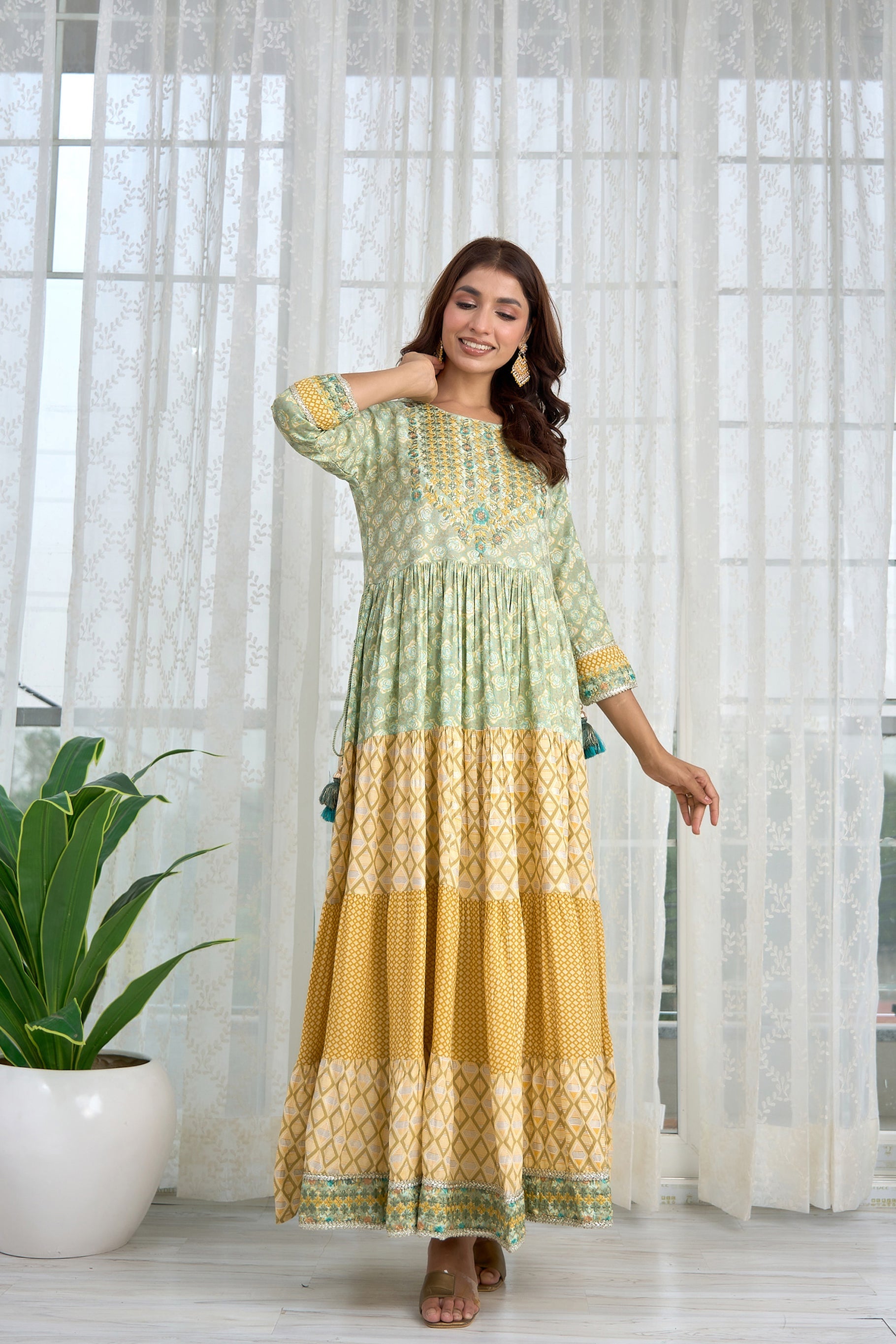 Womens Rayon Green and Yellow Tiered Anarkali Gown - Shop authentic Indian Women's Fashion by Nehamta