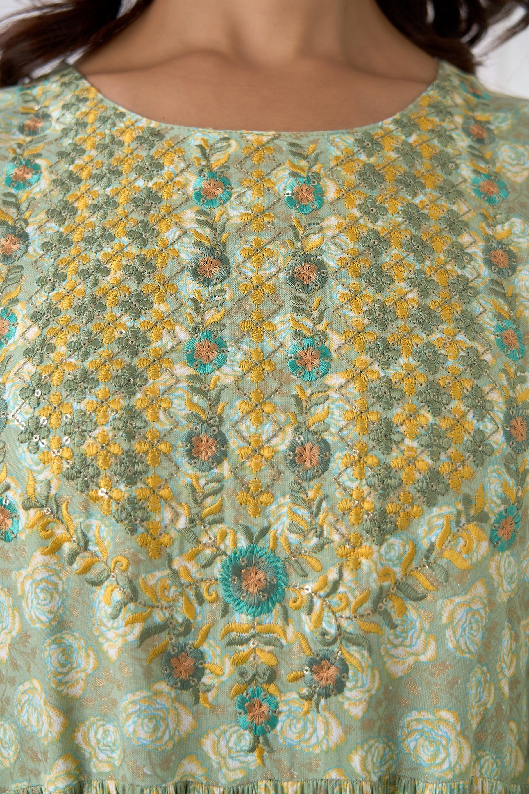 Womens Rayon Green and Yellow Tiered Anarkali Gown - Shop authentic Indian Women's Fashion by Nehamta