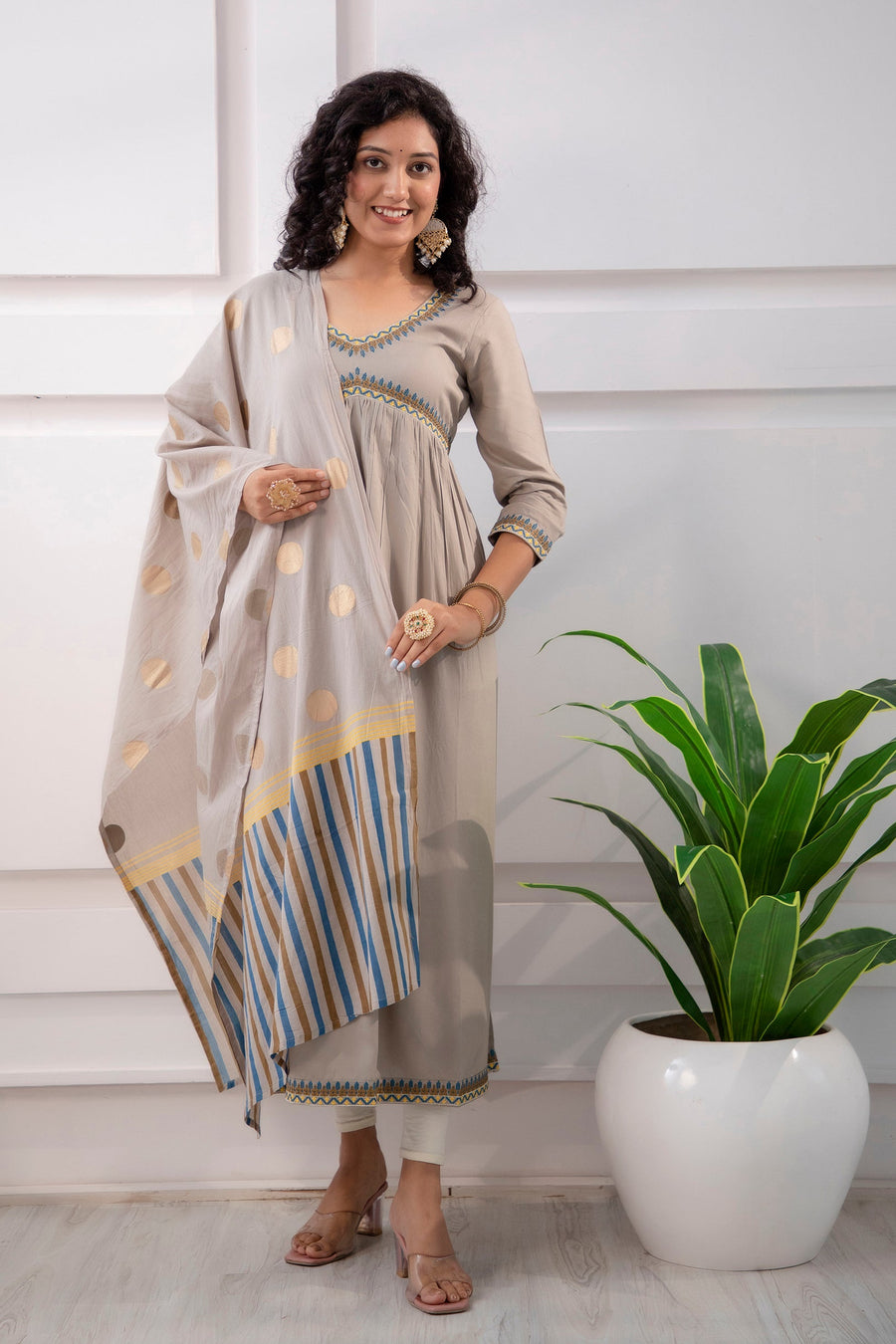 Women's Rayon Grey Alia Cut A-Line Kurta and Dupatta Set - Shop authentic Indian Women's Fashion by Nehamta