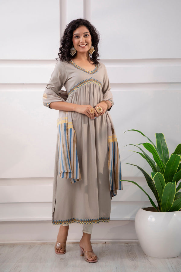 Women's Rayon Grey Alia Cut A-Line Kurta and Dupatta Set - Shop authentic Indian Women's Fashion by Nehamta