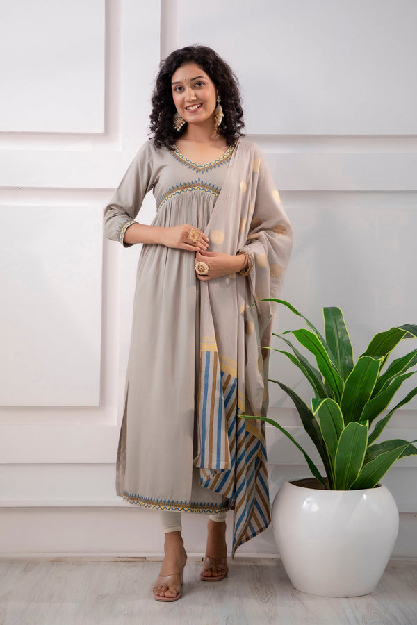 Women's Rayon Grey Alia Cut A-Line Kurta and Dupatta Set - Shop authentic Indian Women's Fashion by Nehamta