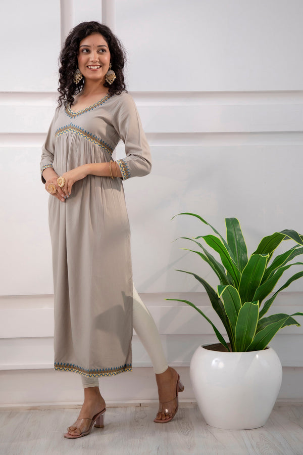 Women's Rayon Grey Alia Cut A-Line Kurta and Dupatta Set - Shop authentic Indian Women's Fashion by Nehamta