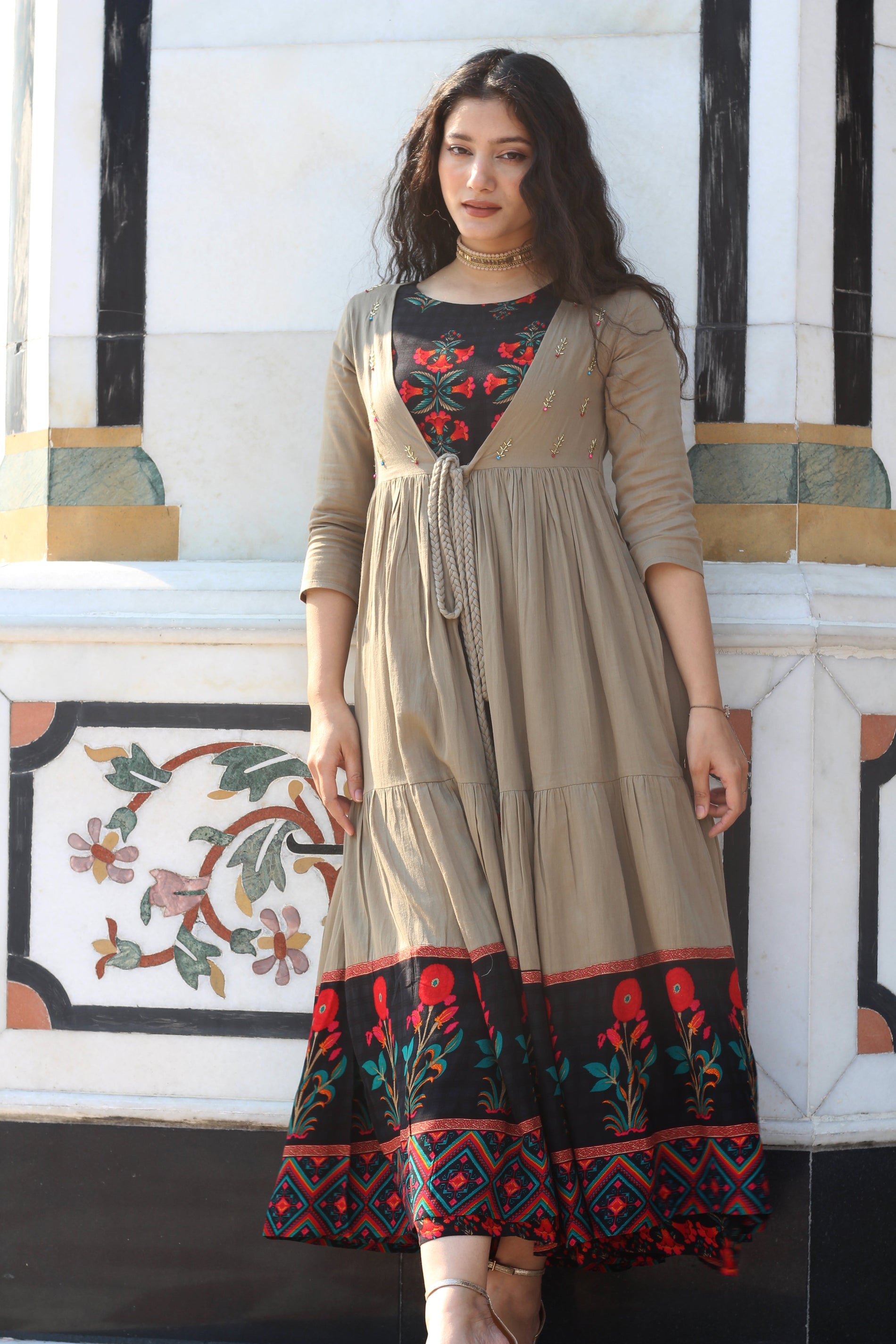 Rayon Straight Women's Kurta with Brown Cotton Flared Jacket - Shop authentic Indian Women's Fashion by Nehamta