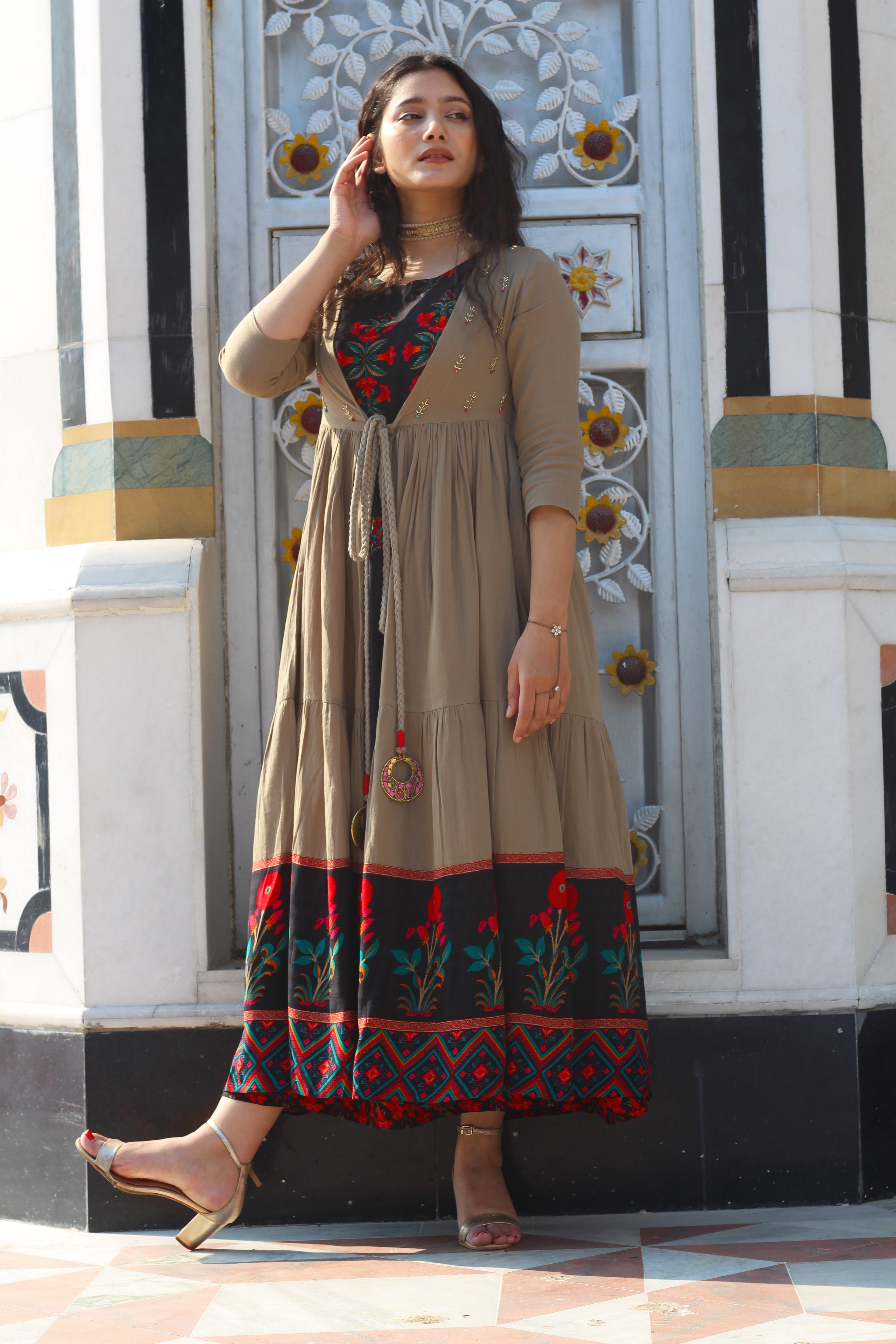 Rayon Straight Women's Kurta with Brown Cotton Flared Jacket - Shop authentic Indian Women's Fashion by Nehamta