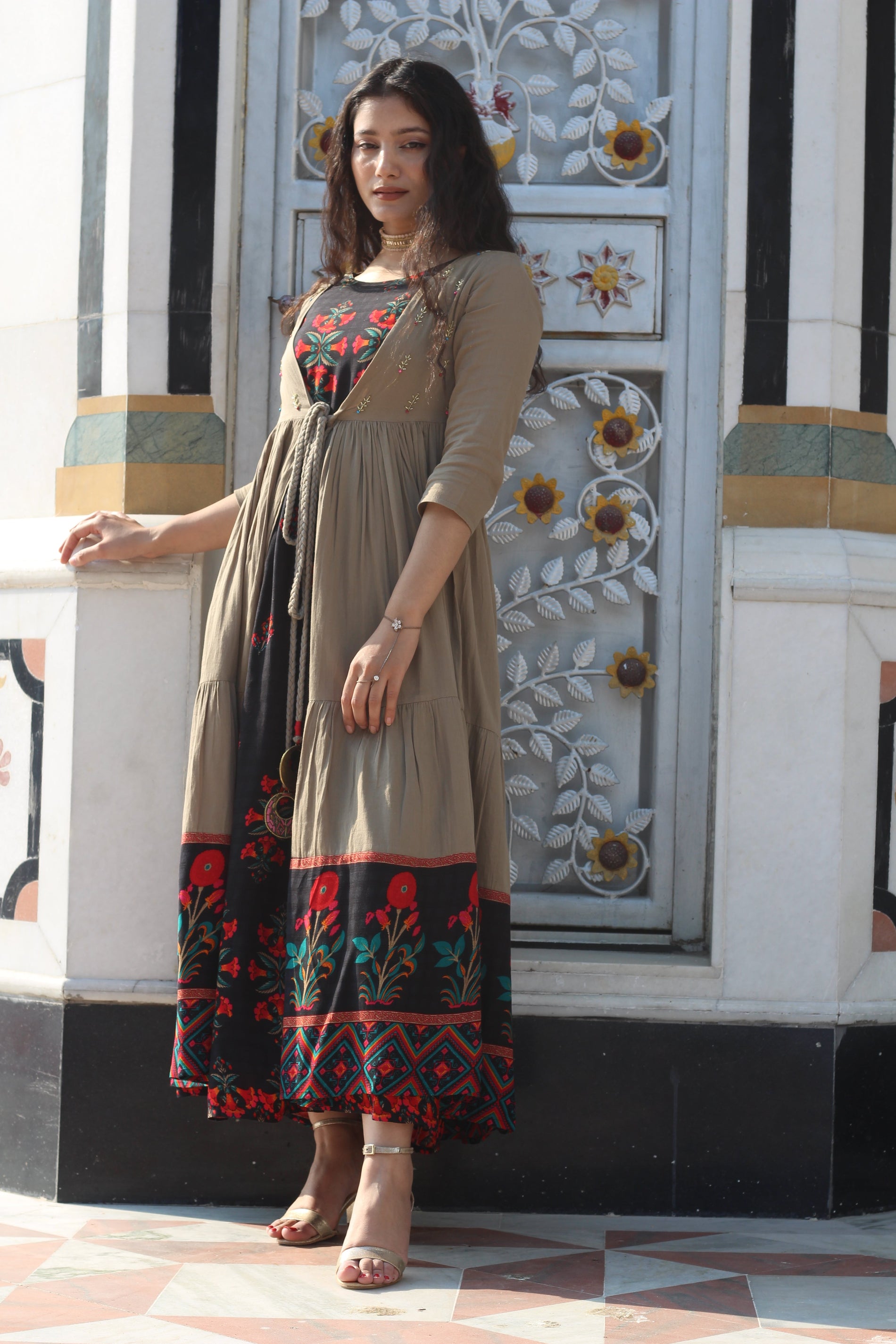 Rayon Straight Women's Kurta with Brown Cotton Flared Jacket - Shop authentic Indian Women's Fashion by Nehamta