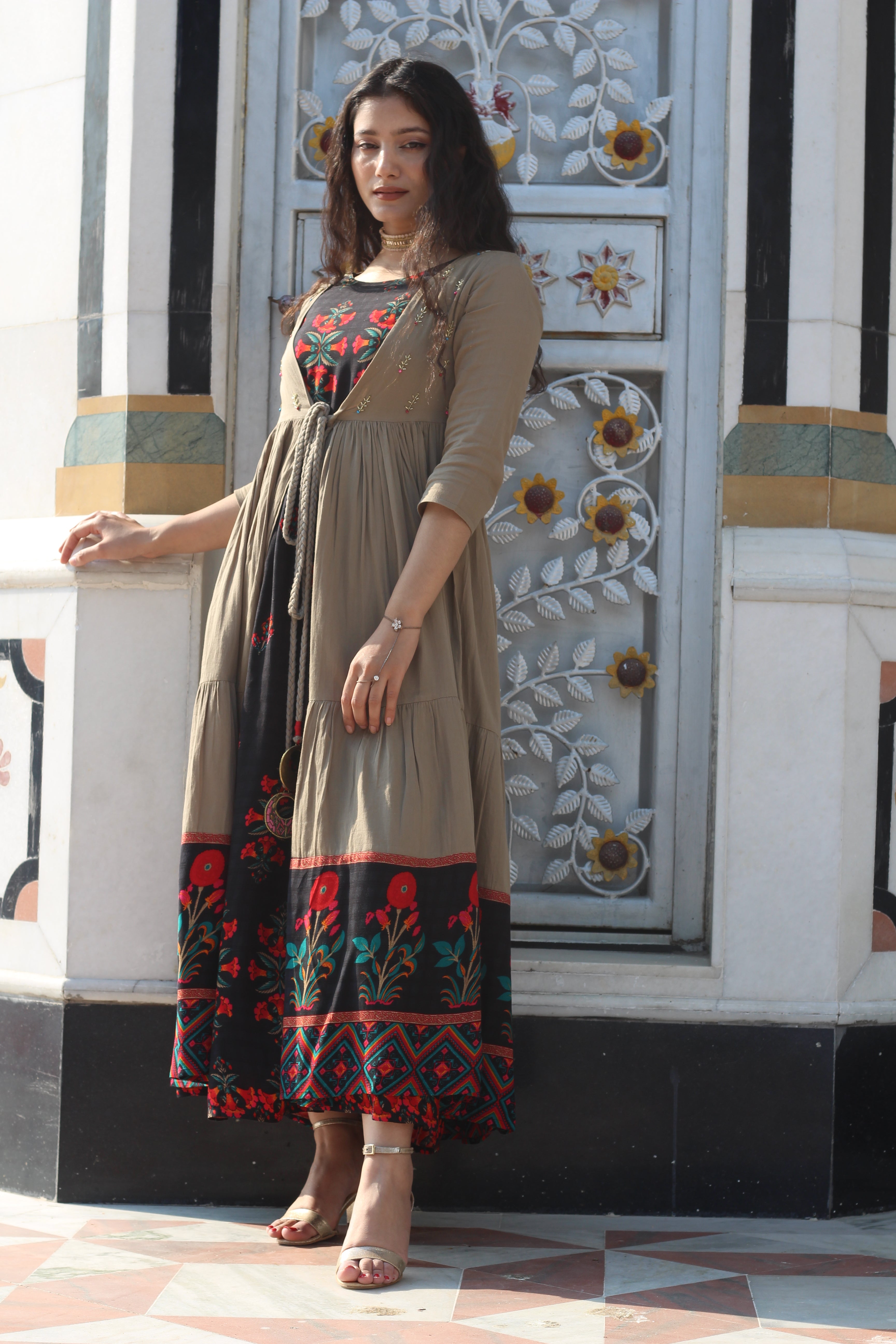 Rayon Straight Women's Kurta with Brown Cotton Flared Jacket - Shop authentic Indian Women's Fashion by Nehamta