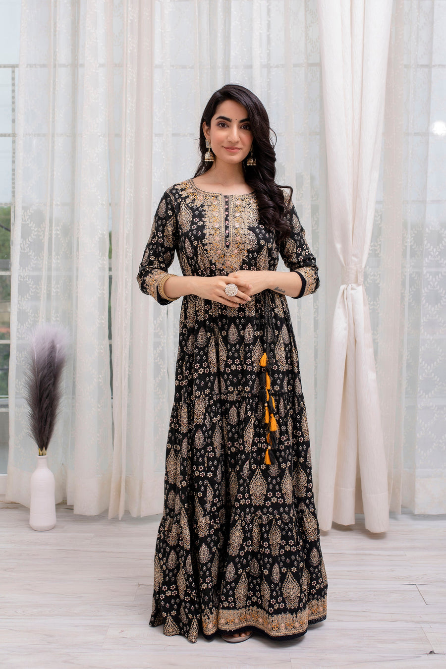 Women's Rayon Black Traditional/Foil Print Anarkali Gown - Shop authentic Indian Women's Fashion by Nehamta