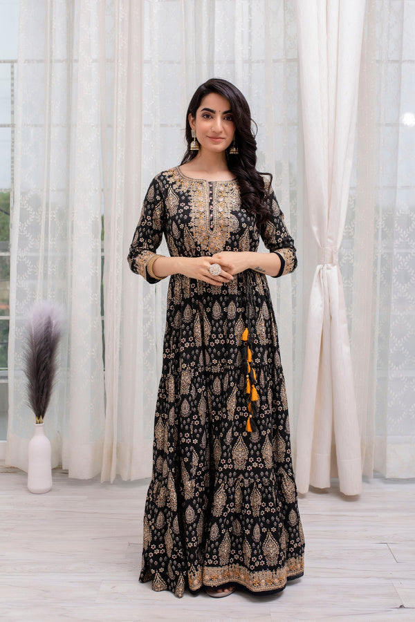 Women's Rayon Black Traditional/Foil Print Anarkali Gown - Shop authentic Indian Women's Fashion by Nehamta
