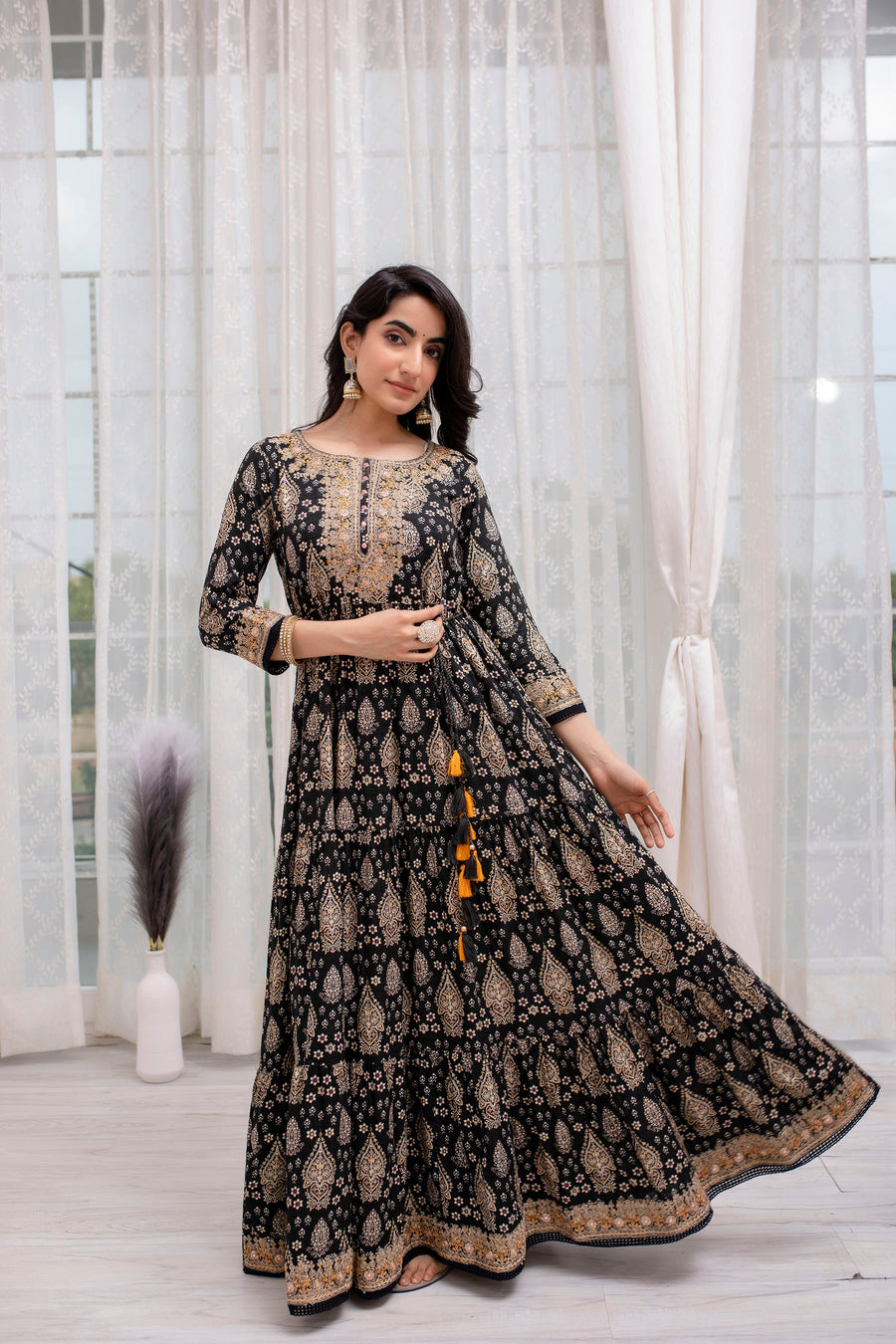 Women's Rayon Black Traditional/Foil Print Anarkali Gown - Shop authentic Indian Women's Fashion by Nehamta