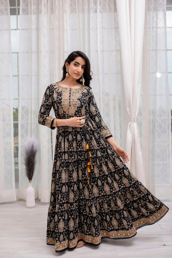 Women's Rayon Black Traditional/Foil Print Anarkali Gown - Shop authentic Indian Women's Fashion by Nehamta