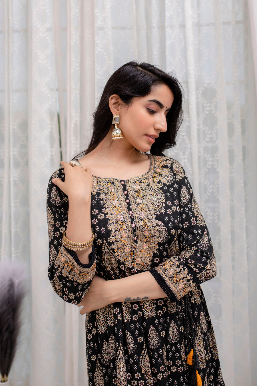 Women's Rayon Black Traditional/Foil Print Anarkali Gown - Shop authentic Indian Women's Fashion by Nehamta