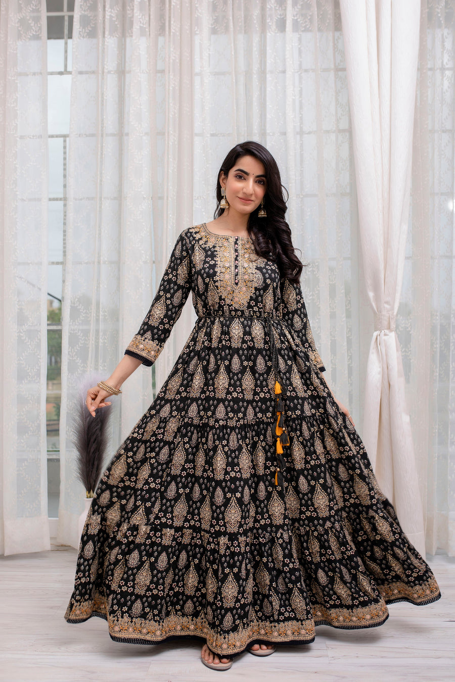 Women's Rayon Black Traditional/Foil Print Anarkali Gown - Shop authentic Indian Women's Fashion by Nehamta