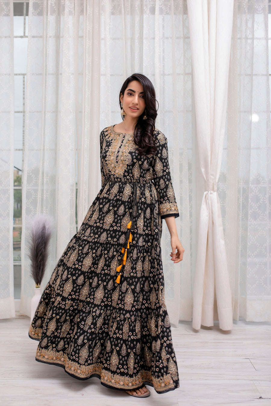 Women's Rayon Black Traditional/Foil Print Anarkali Gown - Shop authentic Indian Women's Fashion by Nehamta