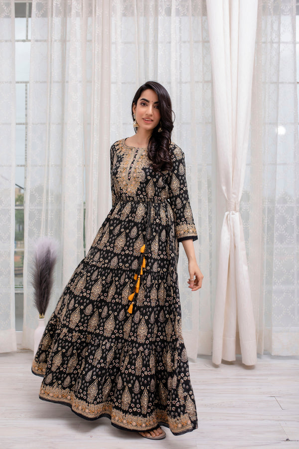 Women's Rayon Black Traditional/Foil Print Anarkali Gown - Shop authentic Indian Women's Fashion by Nehamta