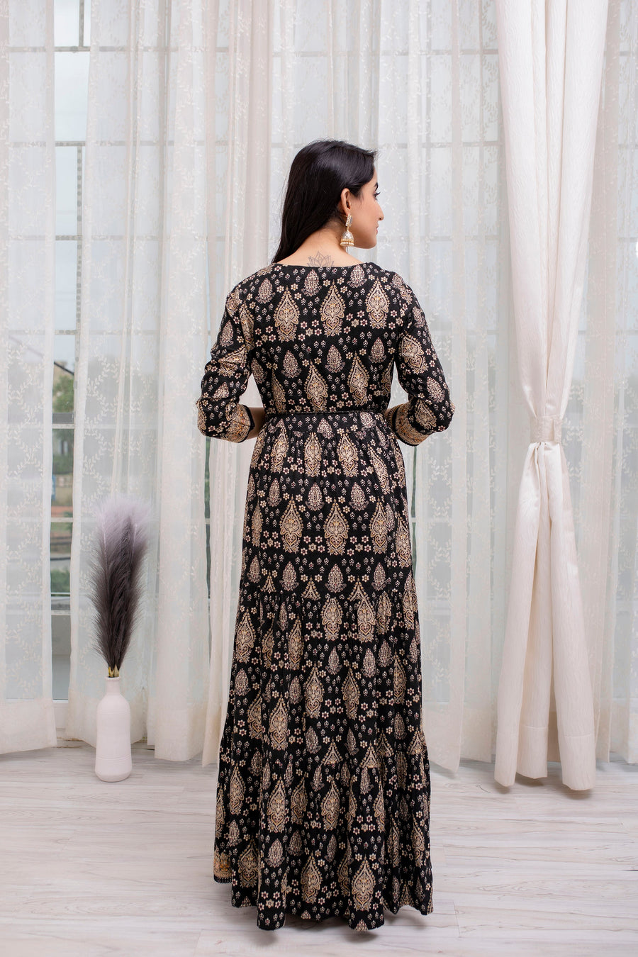 Women's Rayon Black Traditional/Foil Print Anarkali Gown - Shop authentic Indian Women's Fashion by Nehamta